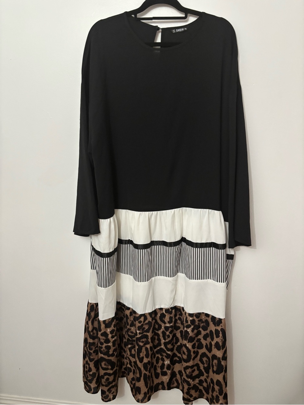 SHEIN Black White and Brown Mixed-Print Tiered Long Sleeve Maxi Dress